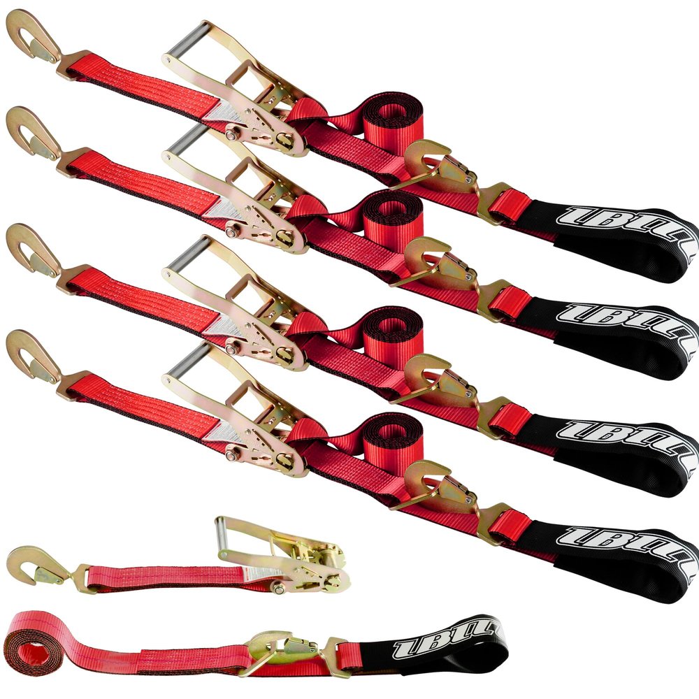 IBITION 4 Pack Car Tie Down with Snap Hooks - 2" x 114" - 3,300 lbs Safe Working Load -Haul Car, Race, Truck, ATV, UTV SUV Polyester UV Resistant.Red