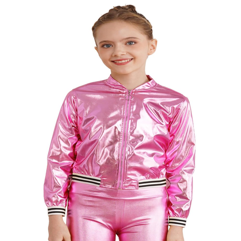 Aislor Kids Girls Shiny Baseball Jacket Long Sleeve Sparkle Metallic Zipper Bomber Jacket Coat Outerwear Clubwear Pink 10 Years
