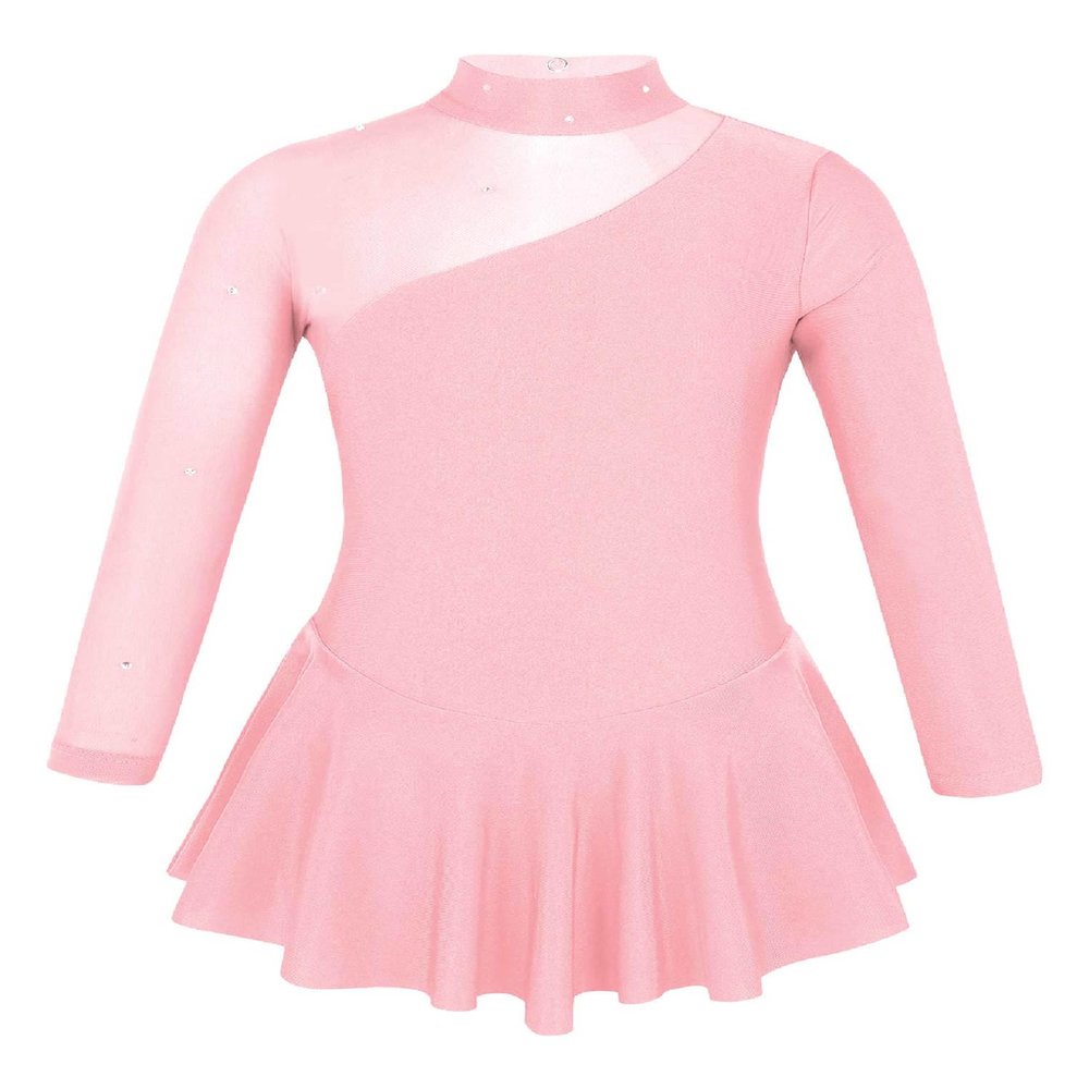 YEAHDOR Girls' Kids Figure Ice Skating Dress Mesh Splice Long Sleeve Mock Neck Ballet Dance Gymnastic Tutu Skirted Leotard Pearl Pink 14