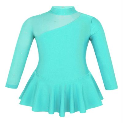 YEAHDOR Girls' Kids Figure Ice Skating Dress Mesh Splice Long Sleeve Mock Neck Ballet Dance Gymnastic Tutu Skirted Leotard Mint Green 10
