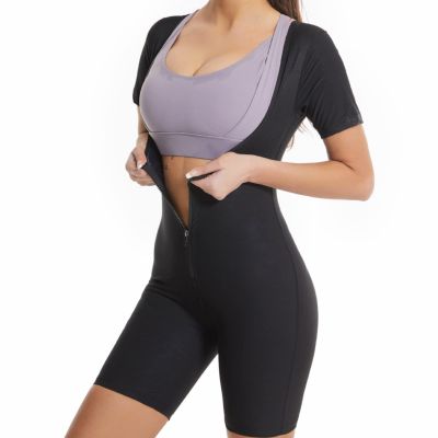 Charque Sauna Suit for Women Sweat Vest Waist Trainer 3 in 1 Slimming Jumpsuit Full Body Shaper Workout Top w/Sleeve Shorts