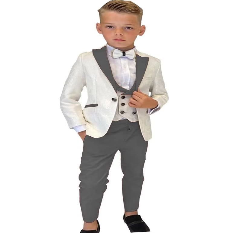 Boys Formal Suit Wedding Tuxedo 3 Pieces Floral Jacket Pants Vest Kids Party Blazer Set 2-14 Years Old Dark Grey
