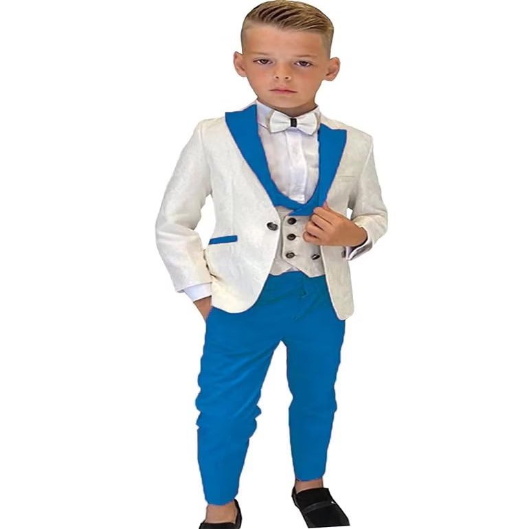 Boys Formal Suit Wedding Tuxedo 3 Pieces Floral Jacket Pants Vest Kids Party Blazer Set 2-14 Years Old Dodger Blue