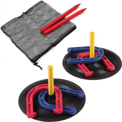 Outdoor Indoor Rubber Horseshoes Set Includes 4 Horseshoes,2 Pegs,2 Rubber Mats,2 Red Plastic dowels,Beach Games Perfect for Tailgating,Camping,Backyard,Fun for Kids Adults (Blue&red)