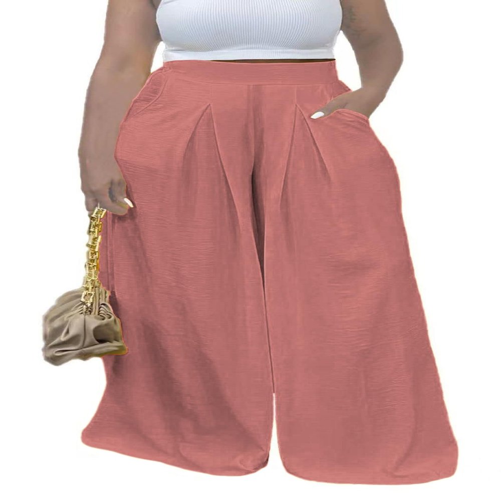 Euulin Women's Wide Leg Long Palazzo Pants High Waist Loose Fit Casual Flowy Pants Trousers with Pockets Pink-1 2XL