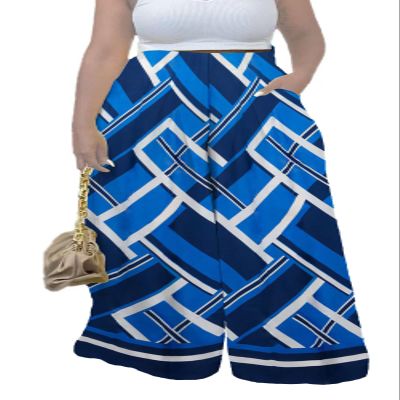 Euulin Women's Wide Leg Long Palazzo Pants High Waist Loose Fit Casual Flowy Pants Trousers with Pockets Blue Printing L