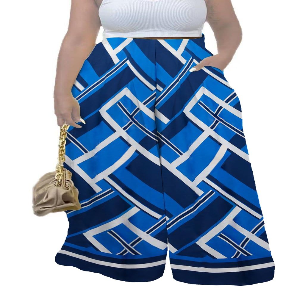 Euulin Women's Wide Leg Long Palazzo Pants High Waist Loose Fit Casual Flowy Pants Trousers with Pockets Blue Printing L