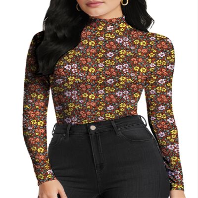YumiDay Womens Mock Turtleneck Tops Slim Fitted(Caramel Floral,XS)