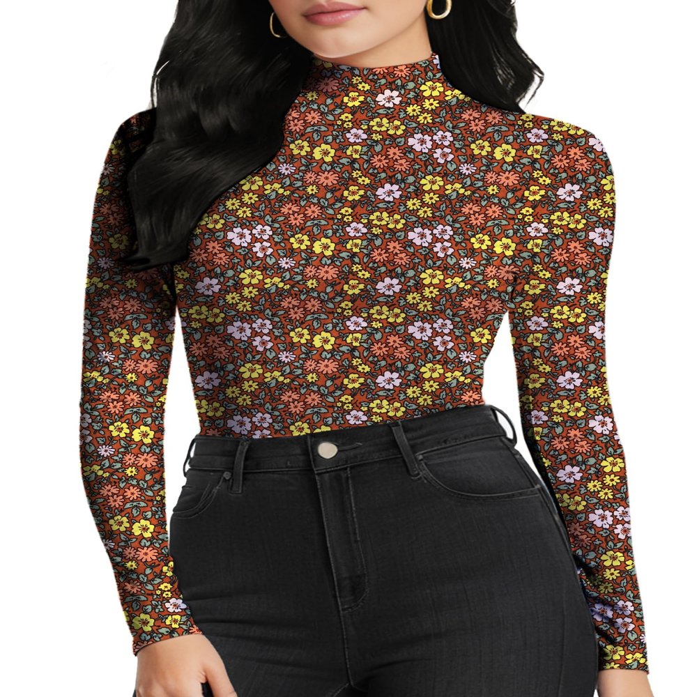 YumiDay Womens Mock Turtleneck Tops Slim Fitted(Caramel Floral,XS)