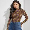 YumiDay Womens Mock Turtleneck Tops Slim Fitted(Caramel Floral,XS) view 3