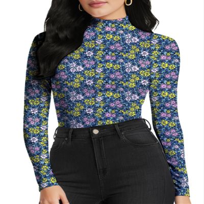 YumiDay Womens Thermal Top Mock Turtleneck(Blue Floral,M)