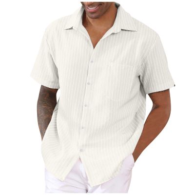 Ymosrh Mens Short Sleeve Button Down Shirts, Beach Shirts Plaid for Men Shirt Short Summer Men's Lapel Short Sleeved Shirt Stripe Casual Top Up Shirts Shirts Casual Short Dress Black (XXL, White)