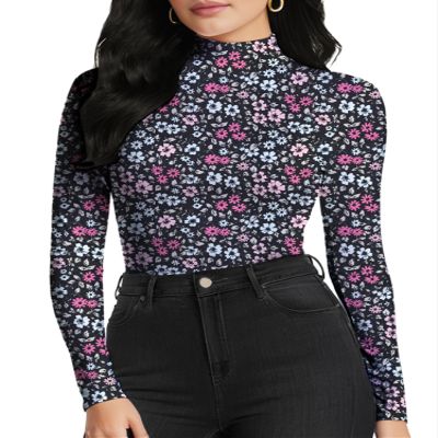 YumiDay Mock Turtle Neck Long Sleeve Women T Shirts(Black Floral,XS)
