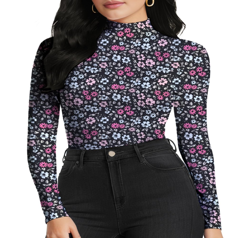 YumiDay Mock Turtle Neck Long Sleeve Women T Shirts(Black Floral,XS)