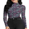 YumiDay Mock Turtle Neck Long Sleeve Women T Shirts(Black Floral,XS) view 1