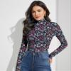 YumiDay Mock Turtle Neck Long Sleeve Women T Shirts(Black Floral,XS) view 3