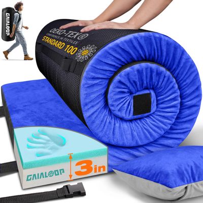 Gaialoop 3 Inch Memory Foam Camping Mattress, Dual Layer Thick Sleeping Camp Pad for Car Tent Cot, Roll-Up Portable Glamping Floor Bed for Guests Sleepover[Single: 75 * 30 * 3"]