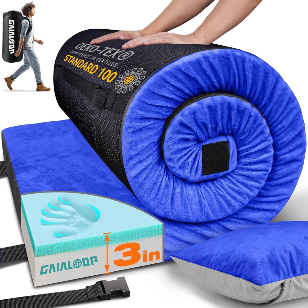 Gaialoop 3 Inch Memory Foam Camping Mattress, Dual Layer Thick Sleeping Camp Pad for Car Tent Cot, Roll-Up Portable Glamping Floor Bed for Guests Sleepover[Single: 75 * 30 * 3"]