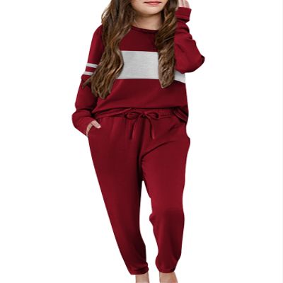 Arshiner Girls' Clothing Sets Sweatsuits Long Sleeve Color Block Pullover Sweatshirts and Lounge Pants with Pocket,Wine Red Grey,6-7 Years