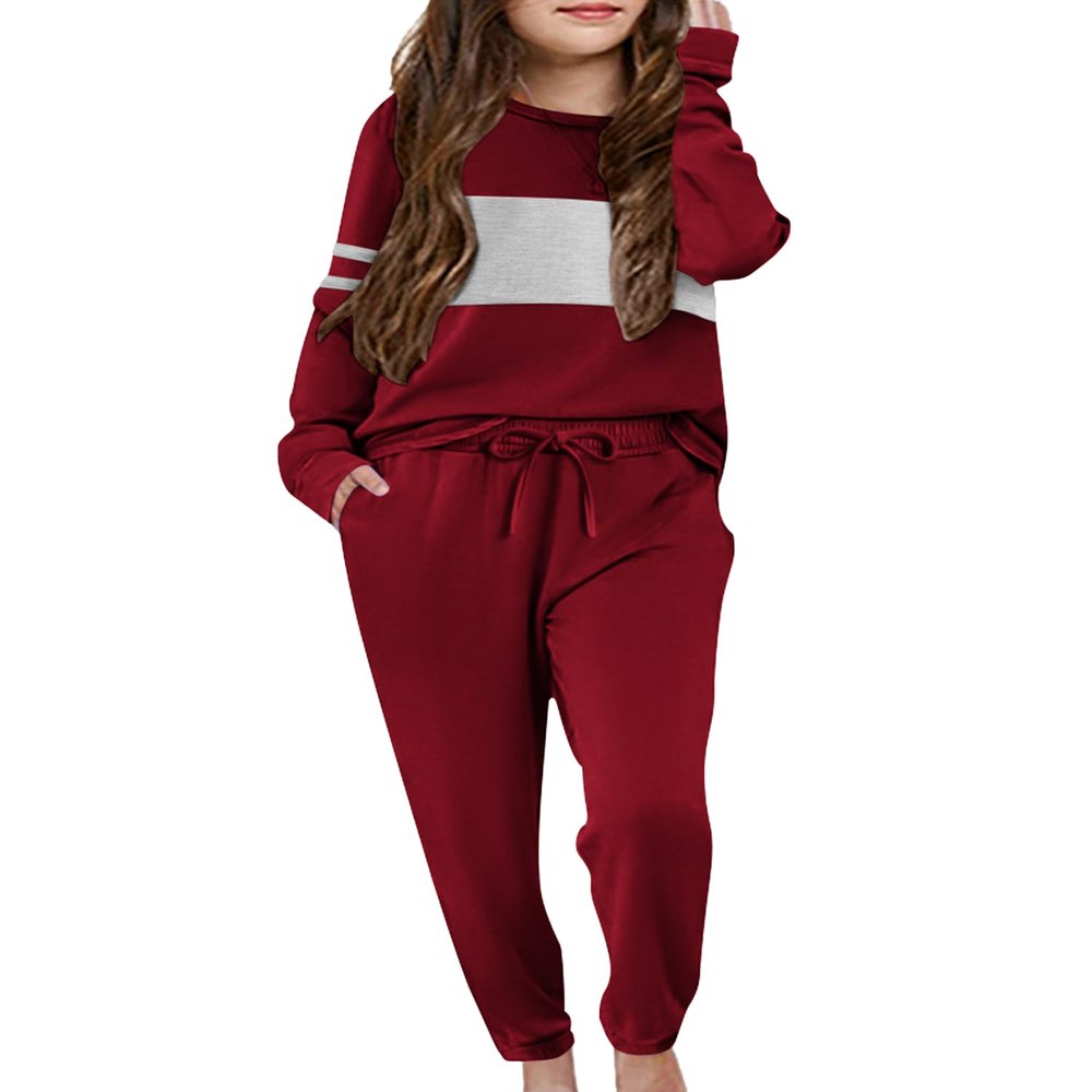 Arshiner Girls' Clothing Sets Sweatsuits Long Sleeve Color Block Pullover Sweatshirts and Lounge Pants with Pocket,Wine Red Grey,6-7 Years