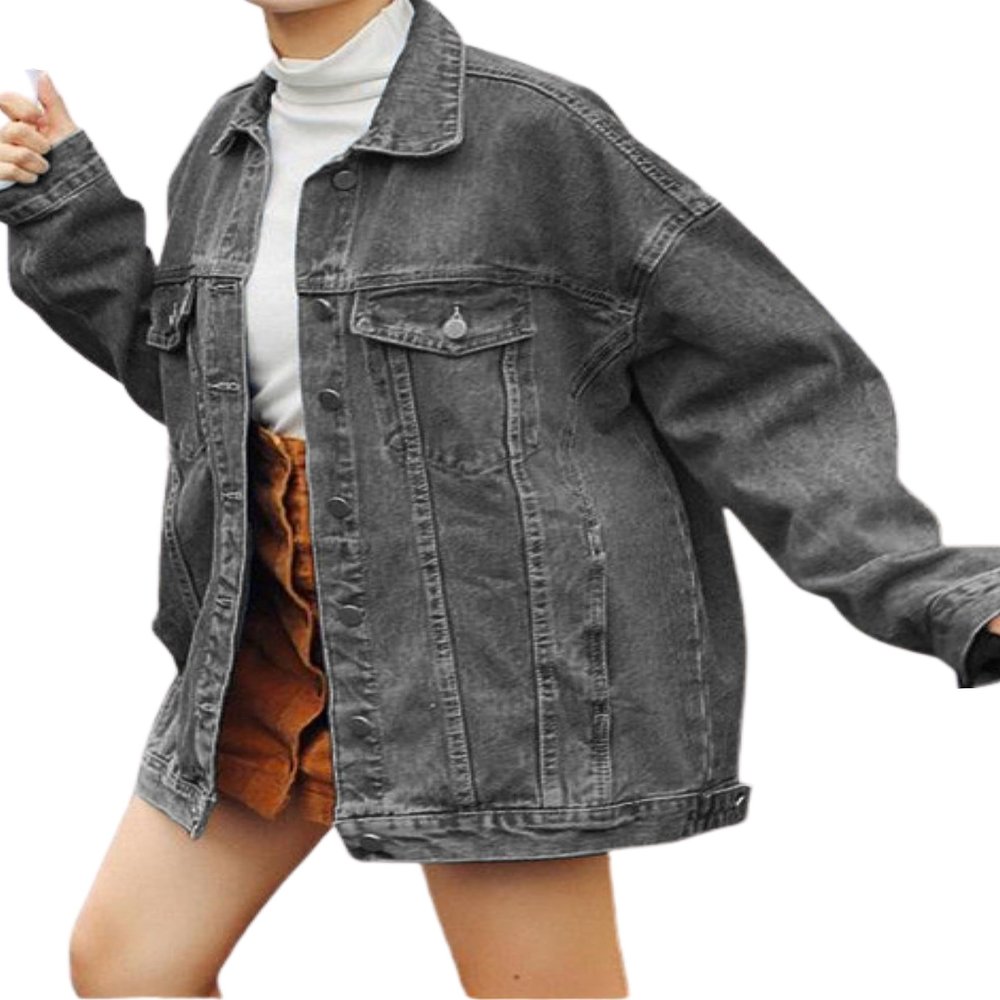 Gozoloma Women's Casual Loose Oversized Denim Jacket Long Sleeved Button Jean Jacket Coat Tops(0011-Grey-L)