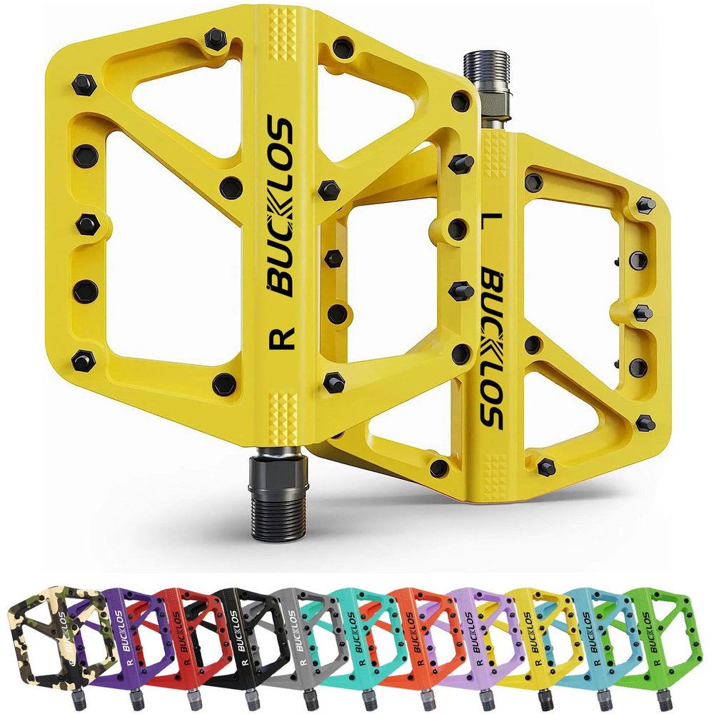 BUCKLOS Mountain Bike Pedals MTB Pedals Flat, Adult Bicycle Road Bike Large Platform Nylon Non-Slip Pedal for Gravel Bike/Hybrid Bike 9/16"Yellow