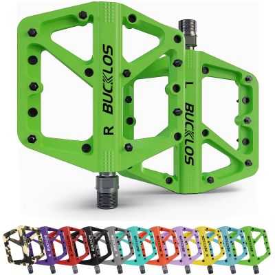 BUCKLOS Mountain Bike Pedals MTB Pedals Flat, Bicycle Road Bike Adult Large Platform Pedal with Non-Slip Grips for Gravel/Ebike/Hybrid Bikes/Beach Cruiser(9/16 Nylon Green)