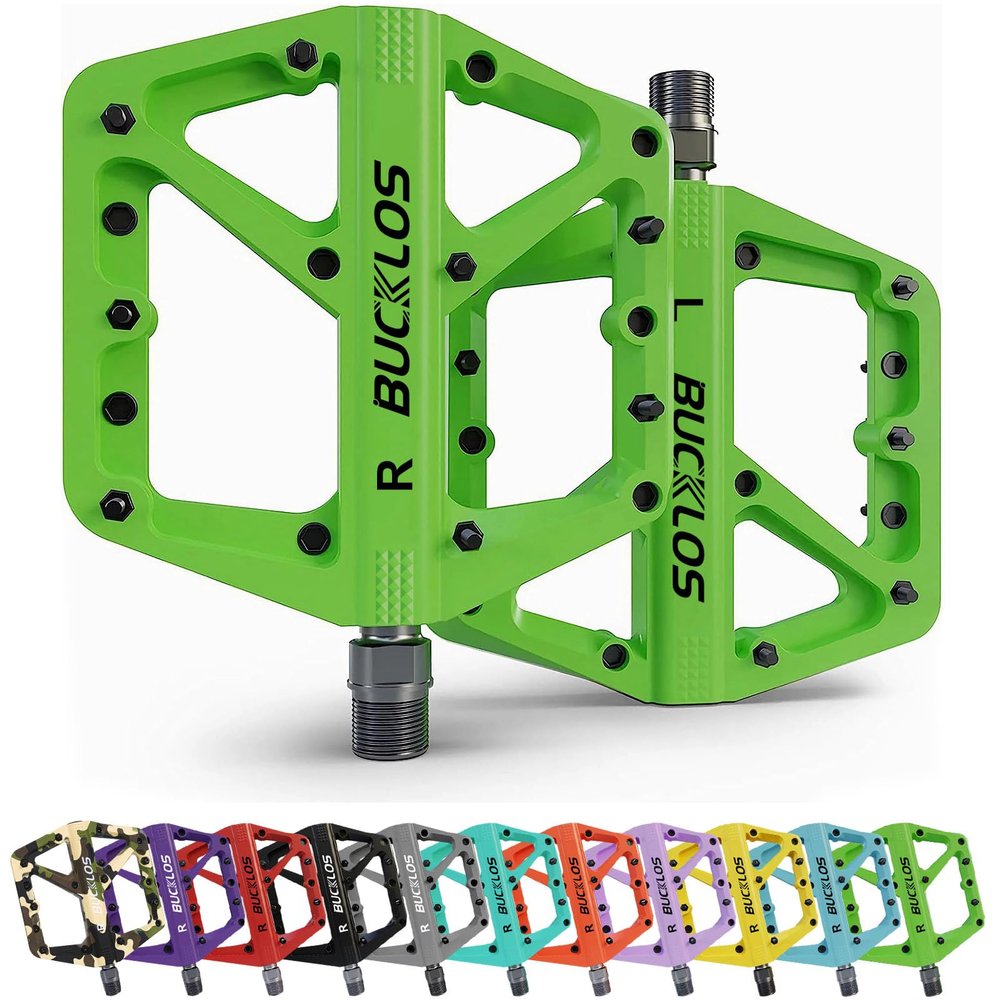 BUCKLOS Mountain Bike Pedals MTB Pedals Flat, Bicycle Road Bike Adult Large Platform Pedal with Non-Slip Grips for Gravel/Ebike/Hybrid Bikes/Beach Cruiser(9/16 Nylon Green)