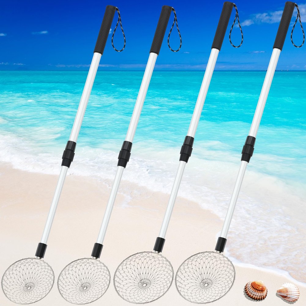 Roshtia 4 Pcs 18.5~30 Inch Shark Tooth Sifter, Sand Sifter, Beach Scoop Shovel Metal Adjustable Long Handle Shell Scooper for Seaside Picking up Grooming Seashell Collecting Hunting(Gray,Round)
