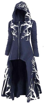 FEOYA Women Zip Up Hooded Pullover Sweater High Low Drop Shoulder Longline Gothic Drawstring Cardigan Long Sleeve Medieval Outwear Navy Blue 3XL