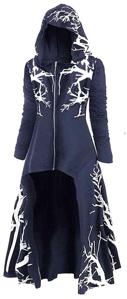 FEOYA Women Zip Up Hooded Pullover Sweater High Low Drop Shoulder Longline Gothic Drawstring Cardigan Long Sleeve Medieval Outwear Navy Blue 3XL