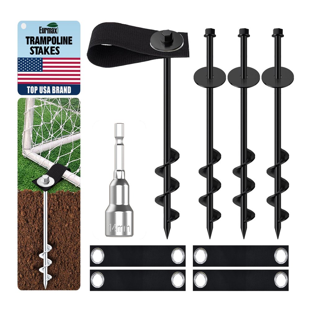 Eurmax USA Ground Anchors Screw in Trampoline Anchors High Wind Tent Stakes Heavy Duty Ground Stakes Trampoline Stakes Anchor Kit Set of 4 Bonus 4 Strong Belt (Black)