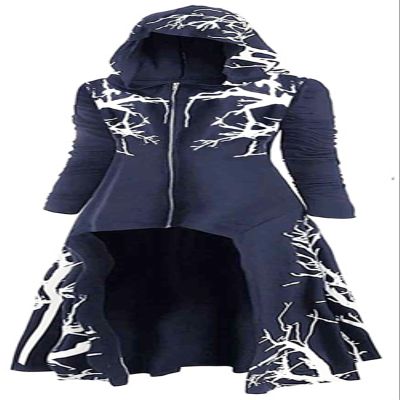 FEOYA Women's Longline Coat Long Sleeve Hooded Cloak Vintage High Low Hem Zipper Jacket Tunic Pullover Hoodies Navy Blue 4XL