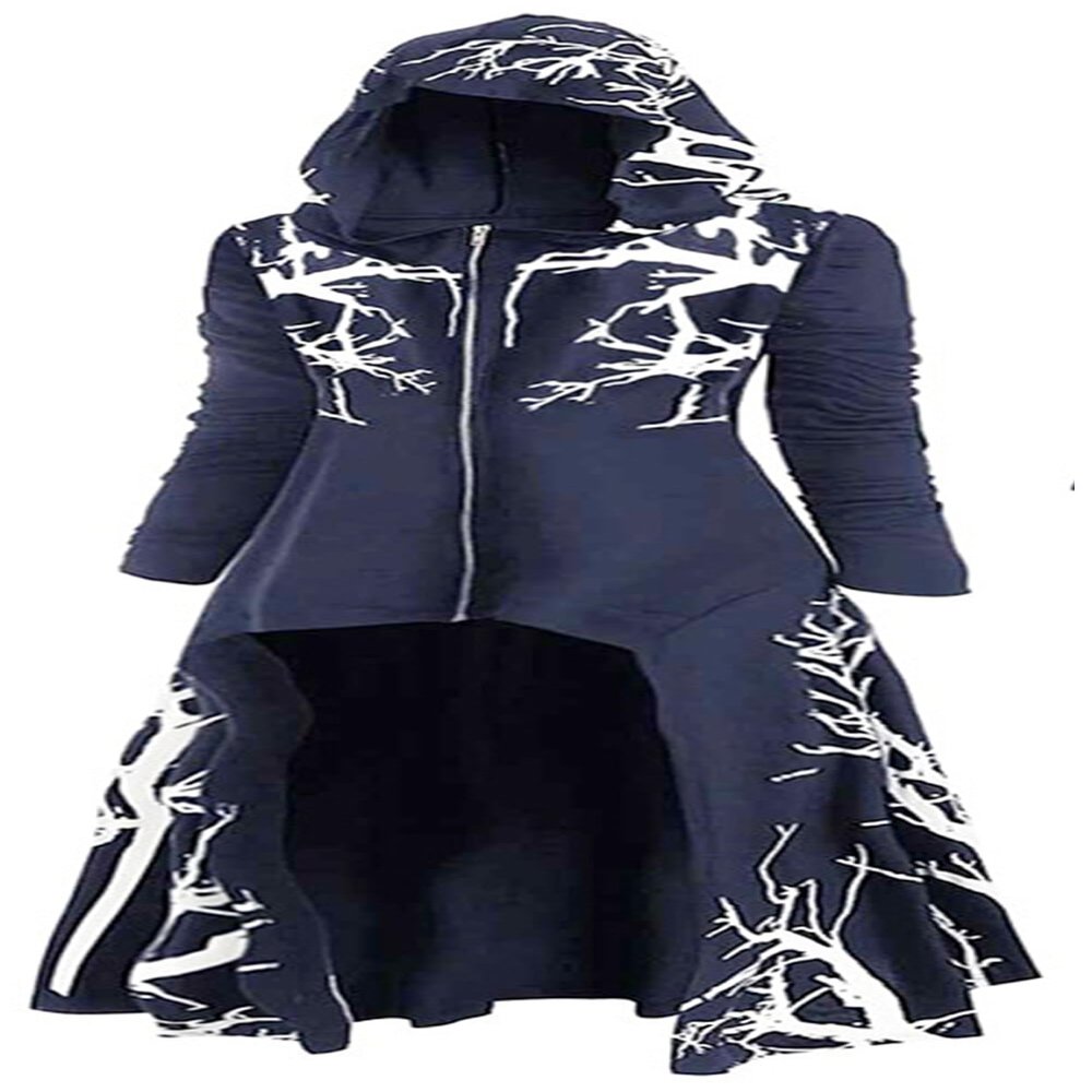 FEOYA Women's Longline Coat Long Sleeve Hooded Cloak Vintage High Low Hem Zipper Jacket Tunic Pullover Hoodies Navy Blue 4XL