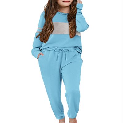 Arshiner Girls Jogging Suit Kids Athletic Outfits Long Sleeve Color Block Sweatshirt and Drawstring Sweatpants Active Set,Blue,6-7 Years