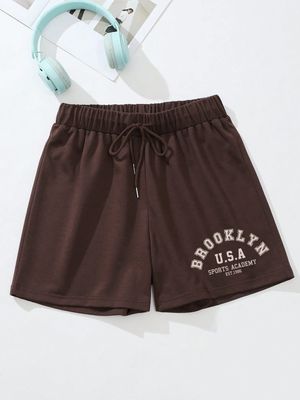 AKIOLOAS Women's Shorts Letter Graphic Drawstring Waist Track Shorts Women's Shorts Shorts for Women (Color : Chocolate Brown, Size : Small)