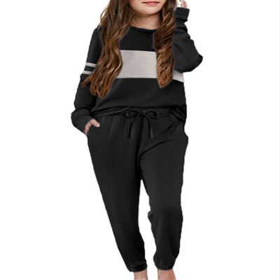 Arshiner Girl's 2 Piece Outfits Set Color Block Long Sleeve Pullover and Drawstring Sweatpants Loose Sweatsuit Sets,Black,10-11 Years