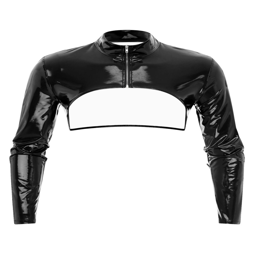 Hedmy Mens PVC Leather Wet Look Long Sleeves Tank Top Shirt Half Shrug Muscle Top Harness Clubwear Black X-Large