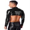 Hedmy Mens PVC Leather Wet Look Long Sleeves Tank Top Shirt Half Shrug Muscle Top Harness Clubwear Black X-Large view 3