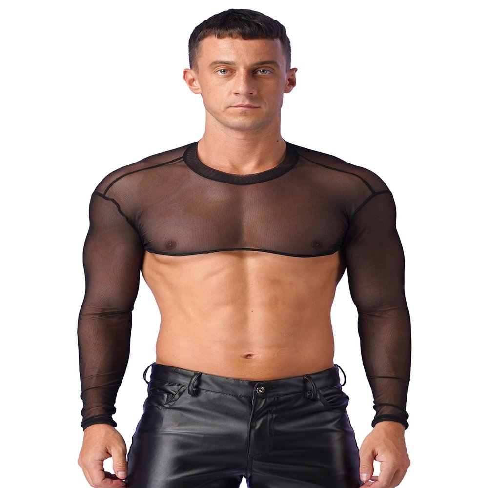 Hedmy Men Sheer Mesh T-Shirt Long Sleeve Decor Half Crop Top Shrug Bolero Motorcycle Punk Costume Black XX-Large