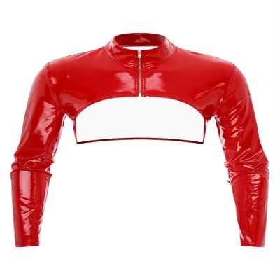 Lorilida Mens Faux Leather Zipper Half Tank Top Studded Muscle Tops Arm Sleeves Shrug Shirt Clubwear Red Medium