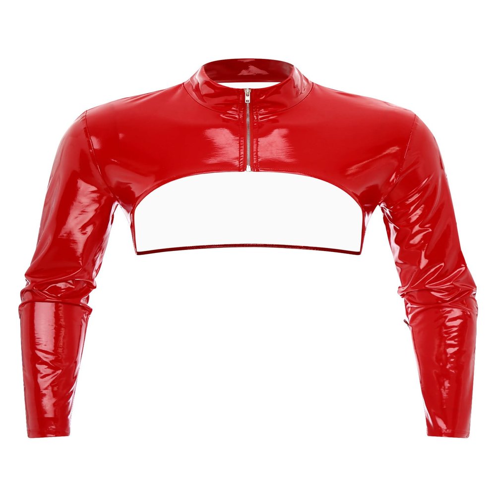 Lorilida Mens Faux Leather Zipper Half Tank Top Studded Muscle Tops Arm Sleeves Shrug Shirt Clubwear Red Medium