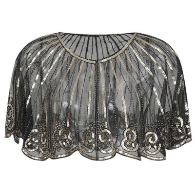 Women 1920S Shawl Evening Wedding Cape Sequin Beaded Art Deco Stripped Themed Party Shrug black gold one size