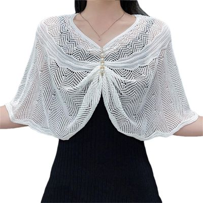 ERFMFKL Woman's Blouse Ice Silk Hollow Knitted Shawl Conditioning Neck Pullover Cape Pearl white