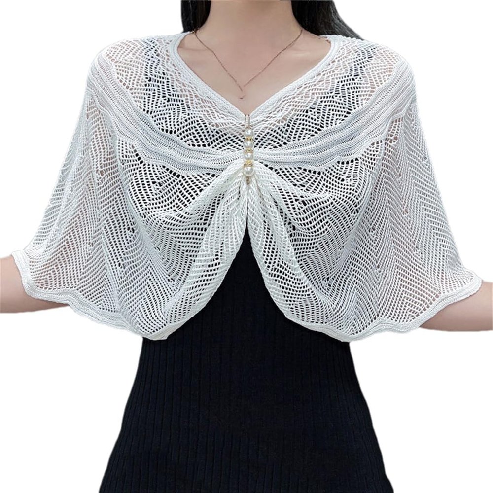 ERFMFKL Woman's Blouse Ice Silk Hollow Knitted Shawl Conditioning Neck Pullover Cape Pearl white
