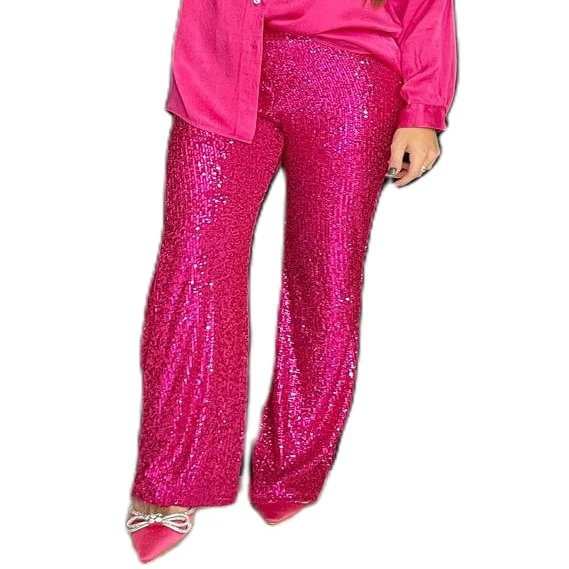 Adoeren Women Sequin Flare Long Pants Glitter Wide Leg Bell Bottom Palazzo Trousers Y2k Sparkly Disco Party Wear(A Rose,L)