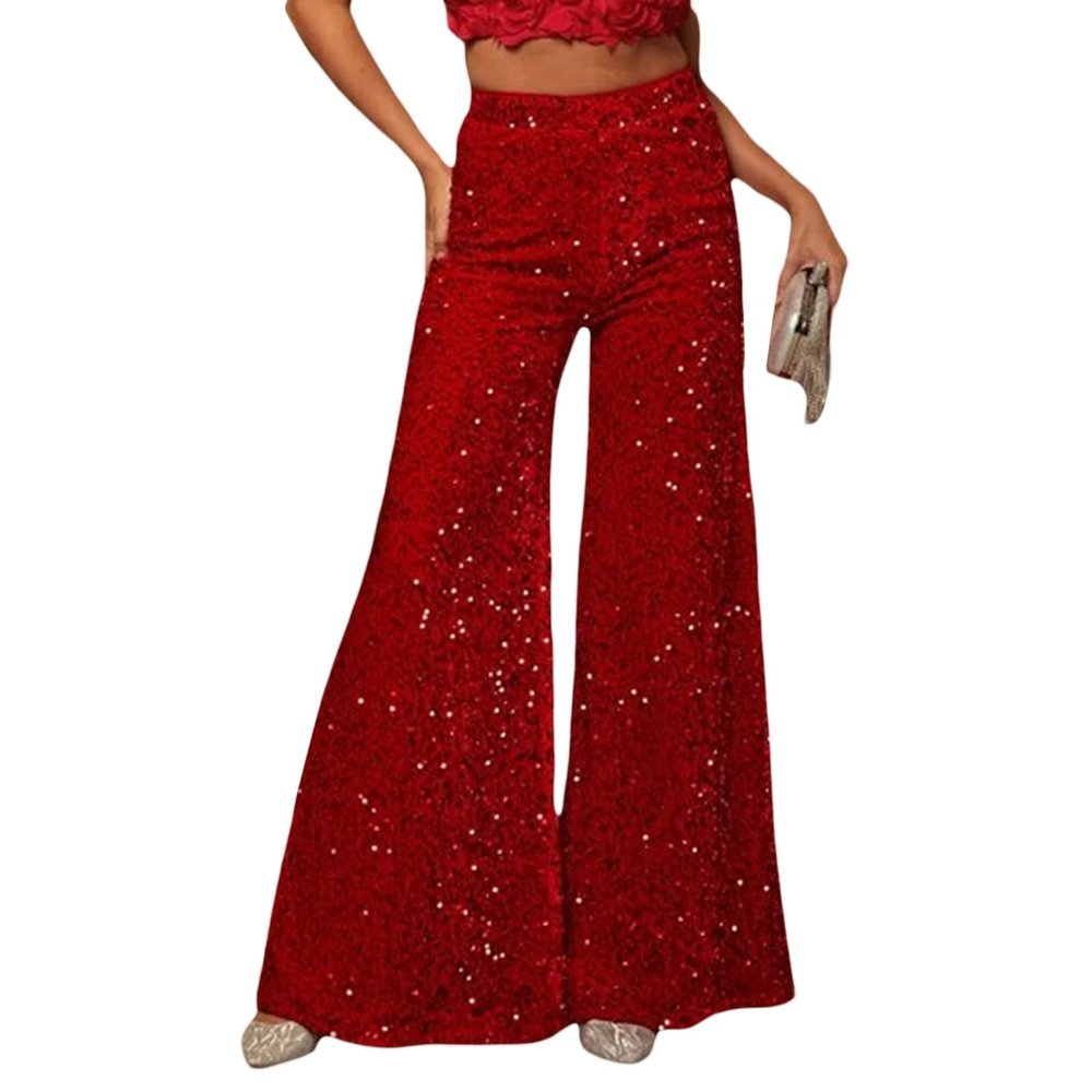 Adoeren Women Sequin Flare Long Pants Glitter Wide Leg Bell Bottom Palazzo Trousers Y2k Sparkly Disco Party Wear(C Red,M)