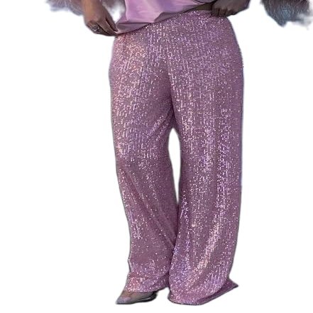Adoeren Women Sequin Flare Long Pants Glitter Wide Leg Bell Bottom Palazzo Trousers Y2k Sparkly Disco Party Wear(A Pink,L)