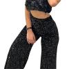 Adoeren Women Sequin Flare Long Pants Glitter Wide Leg Bell Bottom Palazzo Trousers Y2k Sparkly Disco Party Wear(C Black,M) view 4