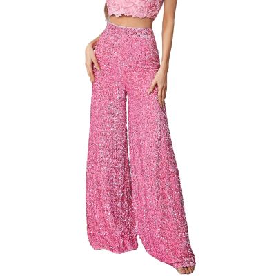 Adoeren Women Sequin Flare Long Pants Glitter Wide Leg Bell Bottom Palazzo Trousers Y2k Sparkly Disco Party Wear(C Pink,X-L)